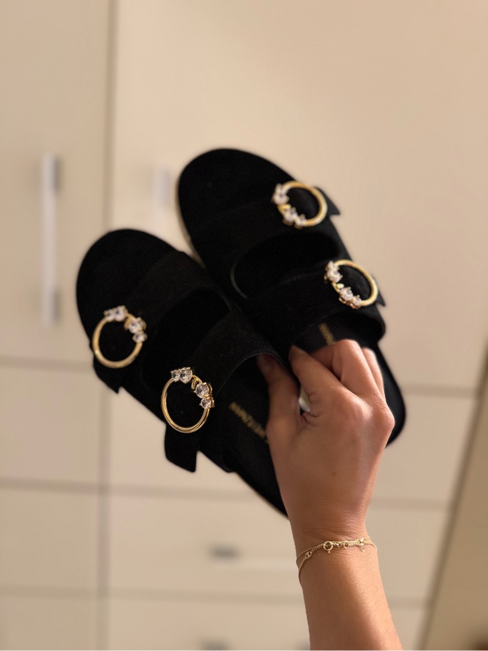 Stuart Weitzman Black Suede Slide Sandals with Gold Rings